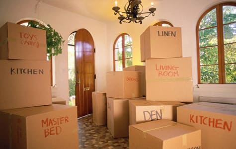 Labelled boxes by room